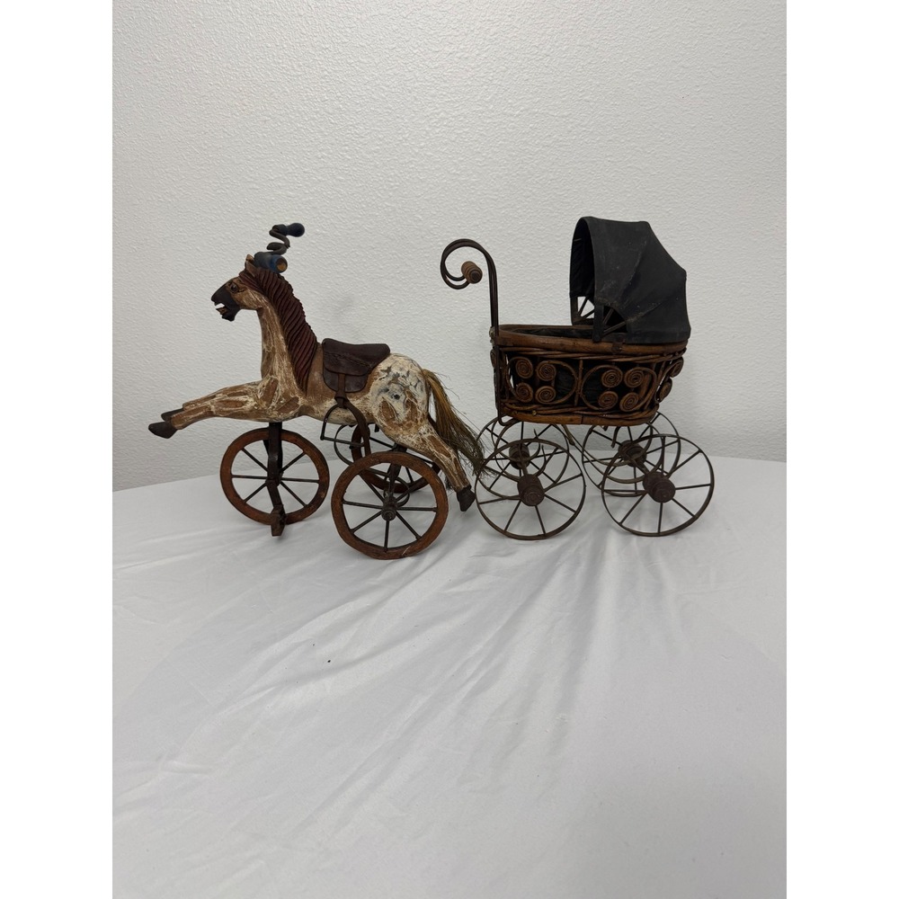 Vintage Folk Art Wooden Horse Tricycle and Wicker Carriage Set Rustic Decor